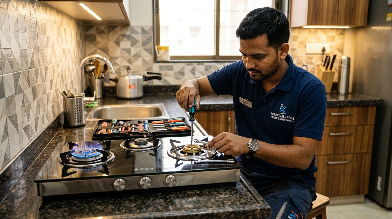 Certified gas repair technician diagnosing stove
